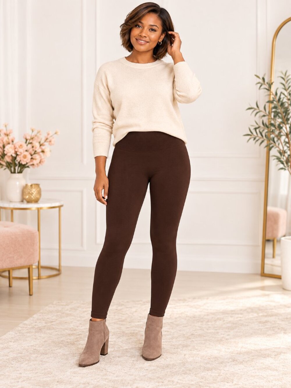 Sofra Coffee High-Waist Fleece-Lined Leggings Free Size-• Style: TX701